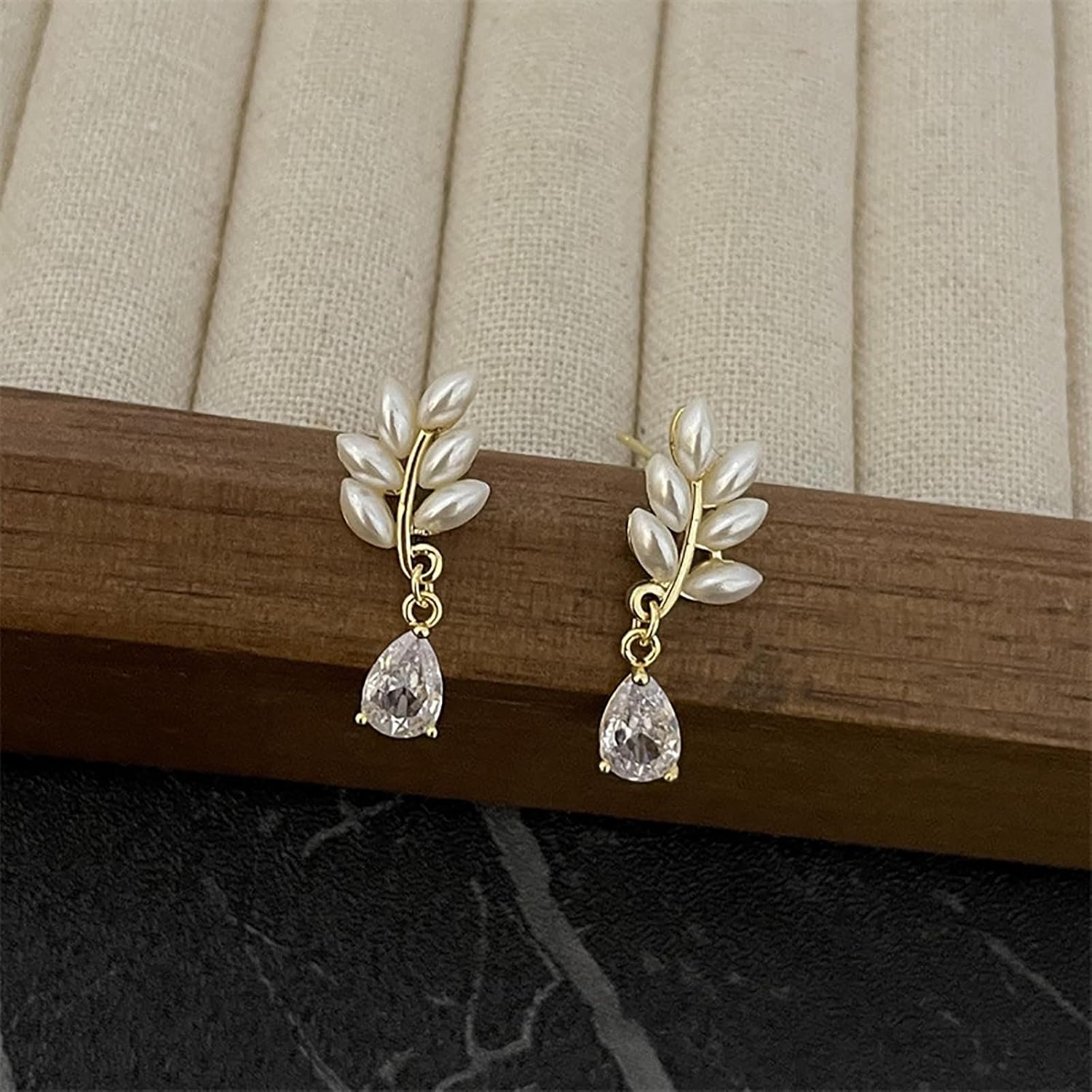 W WEILIRIAN Boho Pearl Leaf Earrings Teardrop Crystal Drop Earrings Pearl Leaf Stud Earrings Rhinestone Dangle Earrings Jewelry for Women - Image 4