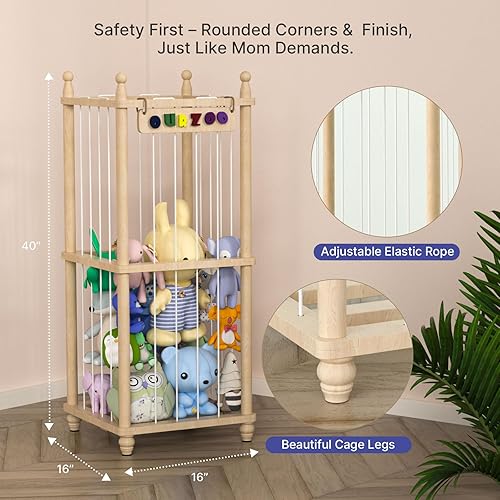 Miniatura 5 de Almacenamiento de animales de peluche, estante de madera suave, organizador de habitación del bebé, jaula de zoológico para animales de peluche con