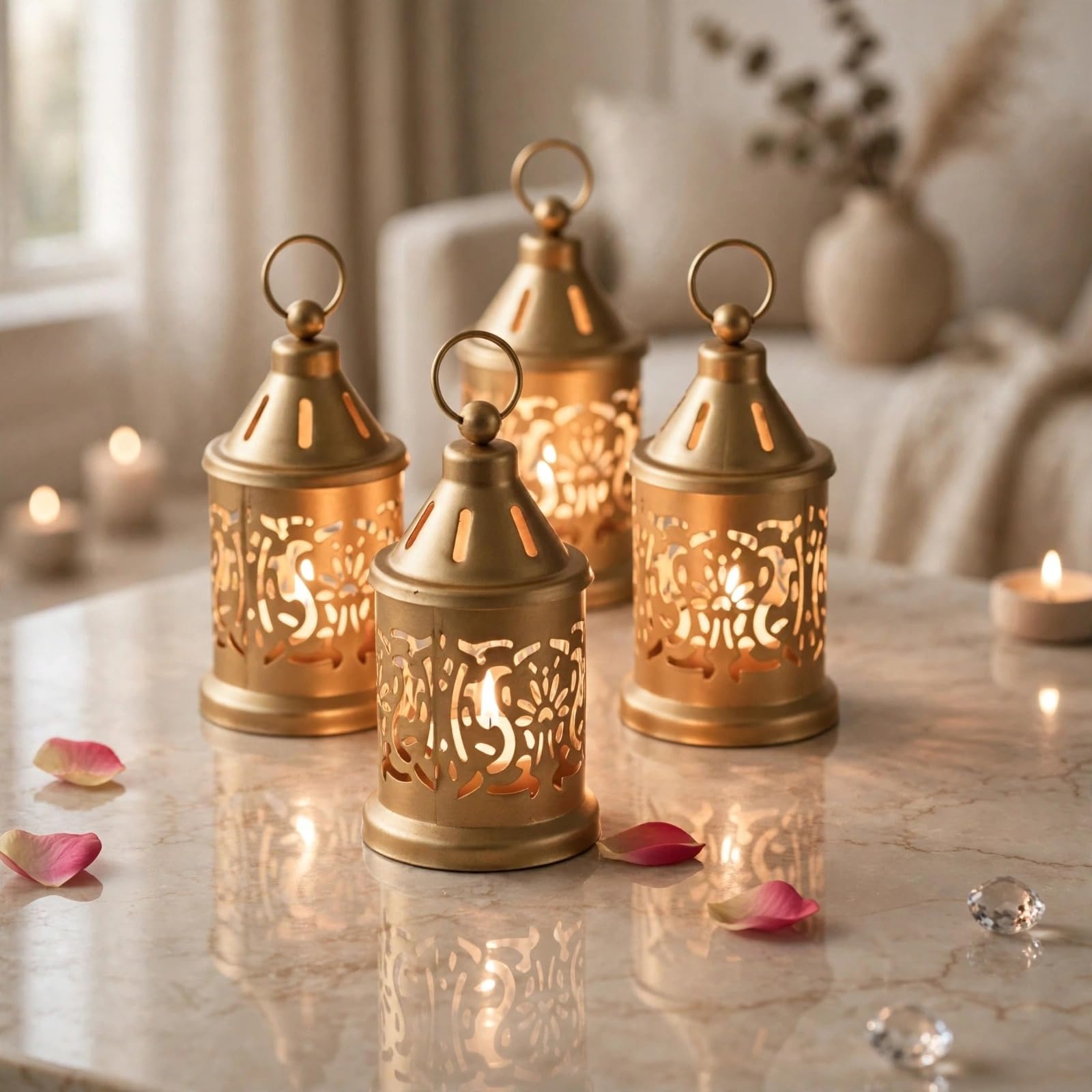 Vintage Metal Lantern Set - Golden Candle Holders -2