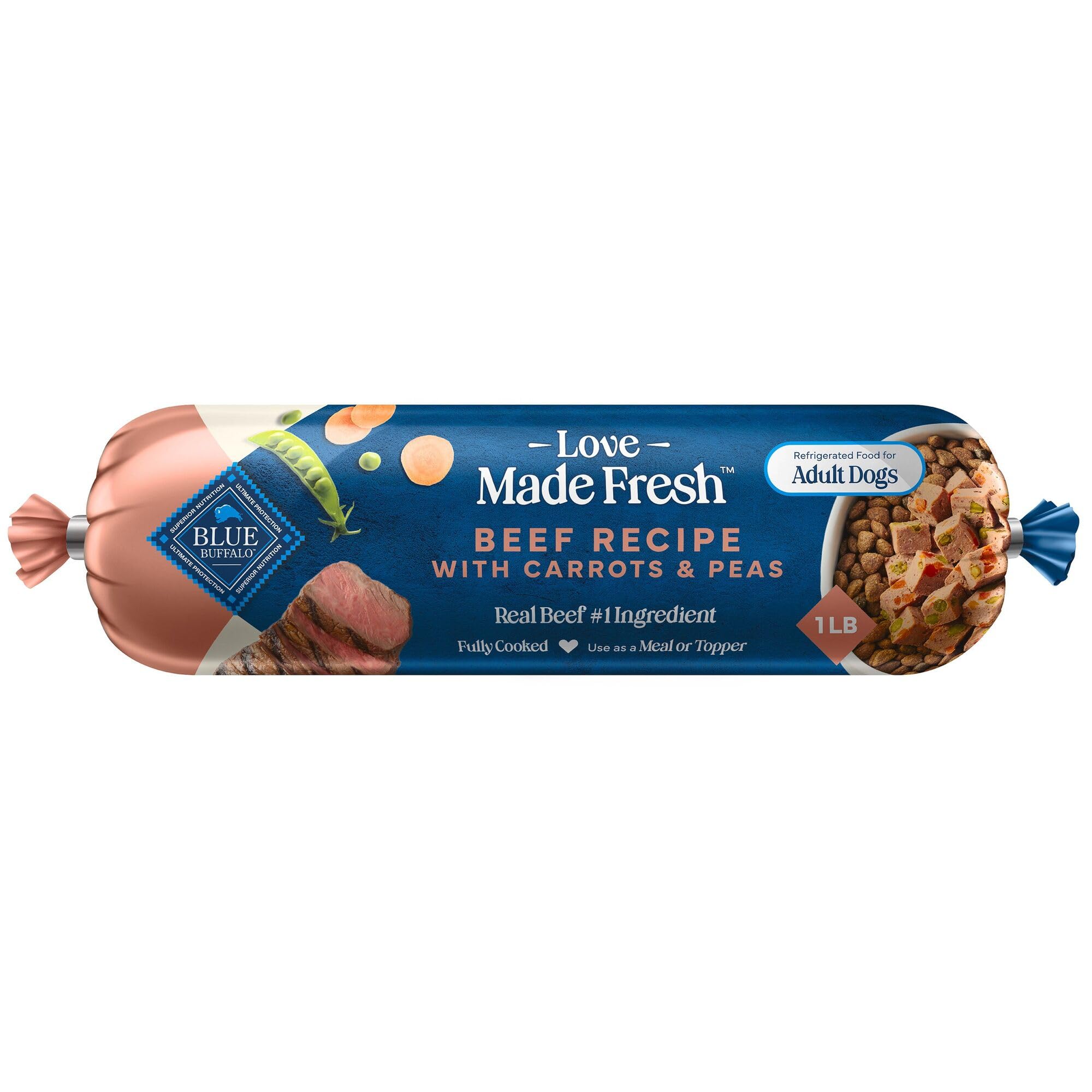 Blue Buffalo Love Made Fresh Natural Adult Dog Food, Refrigerated, Beef with Carrots and Peas, Fresh Dog Food, Ready-to-Serve, 1-lb Roll