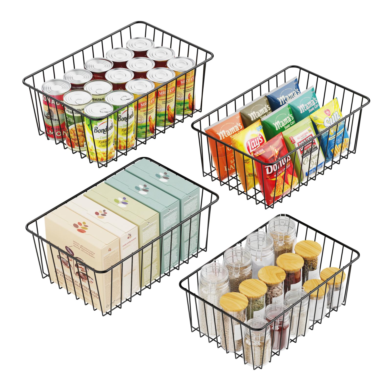 Wire Pantry Baskets - 4 Pack Wire Storage Baskets for 23 to 24 inch Pantry Tall Cabinet Sort and Easily Get High-placed Items, Sturdy Pantry Storage Bins Wire Basket for Organizing, Black