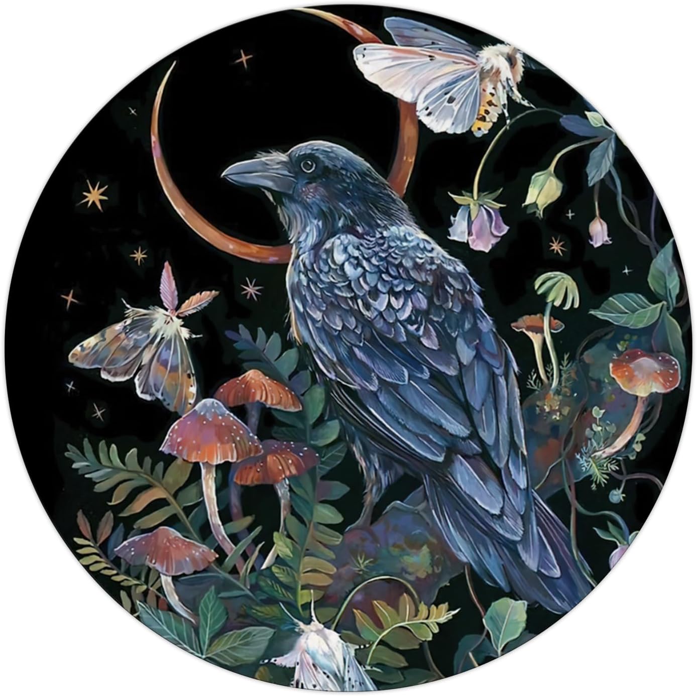 QUICQOD Retro Black Moon Raven with Butterflies and Fantasy Mushrooms Mouse Pad,Non-Slip Rubber Base Mousepads for Home Office Dorm Desk Decor,Gifts for Teen Girls,8.7 x 8.7 Inches