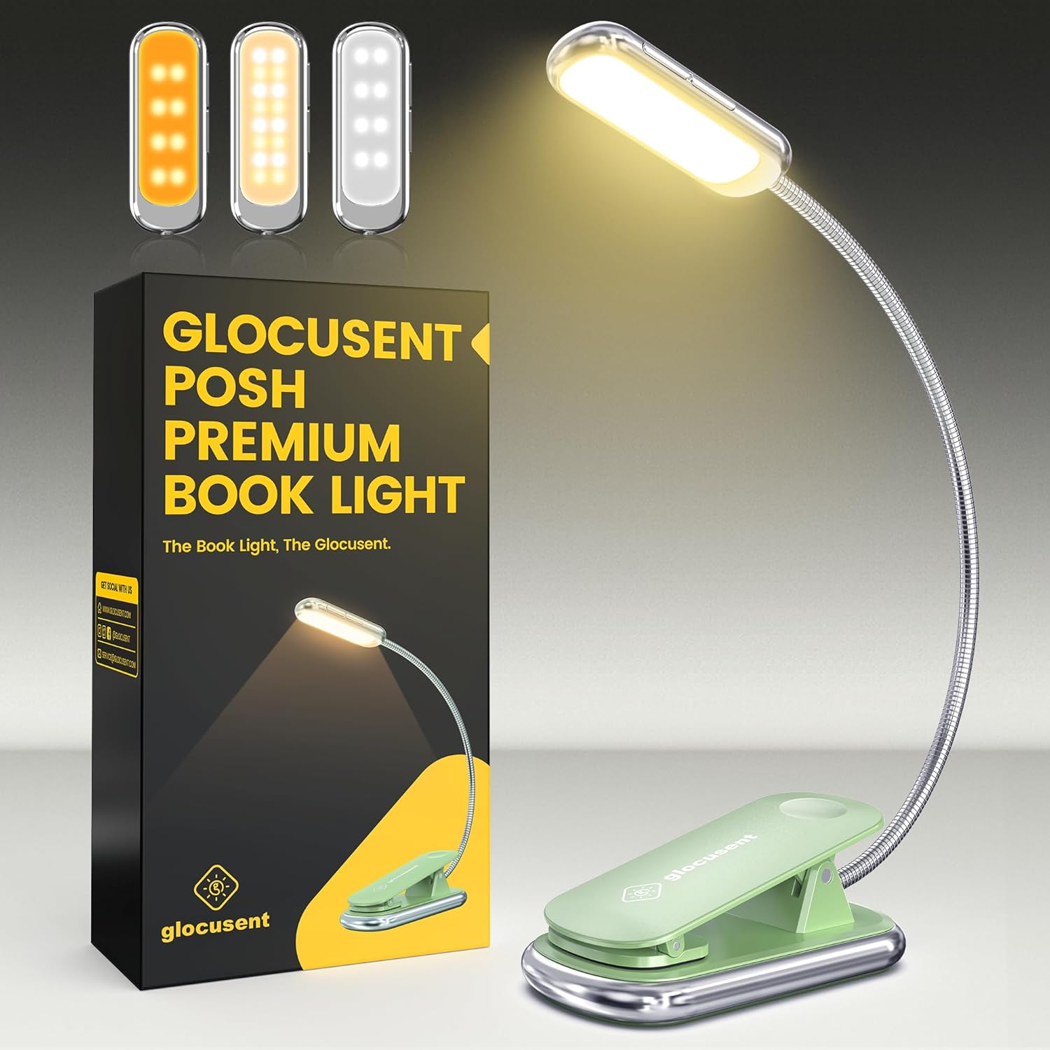 Glocusent Posh Premium Book Light for Reading in Bed with Timer, 16-LED Rechargeable Reading Light Runs 160hrs, 1800K Eyecaring Clip on Book Light, 3 Colors & 5 Brightness Levels, Perfect for Readers Glocusent Posh Premium Book Light for Reading in Bed with Timer, 16-LED Rechargeable Reading Light Runs 160hrs, 1800K Eyecaring Clip on Book Light, 3 Colors & 5 Brightness Levels, Perfect for Readers