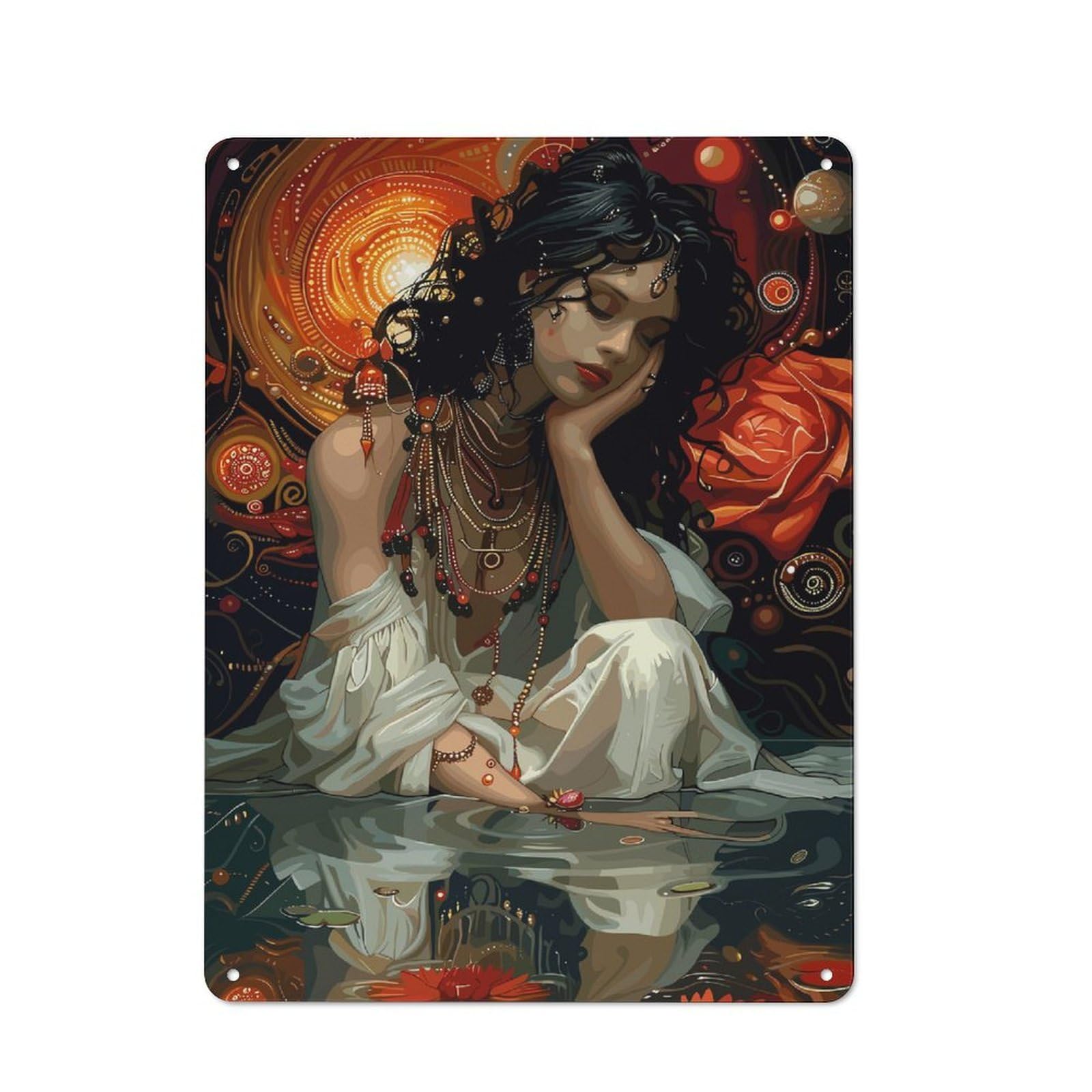 Junmoney Dreamy Woman With Rose Reflection Vintage Metal Wall Decor 40X30cm, Vintage Metal Sign For Cafe, Bistro, Bakery Or Restaurant