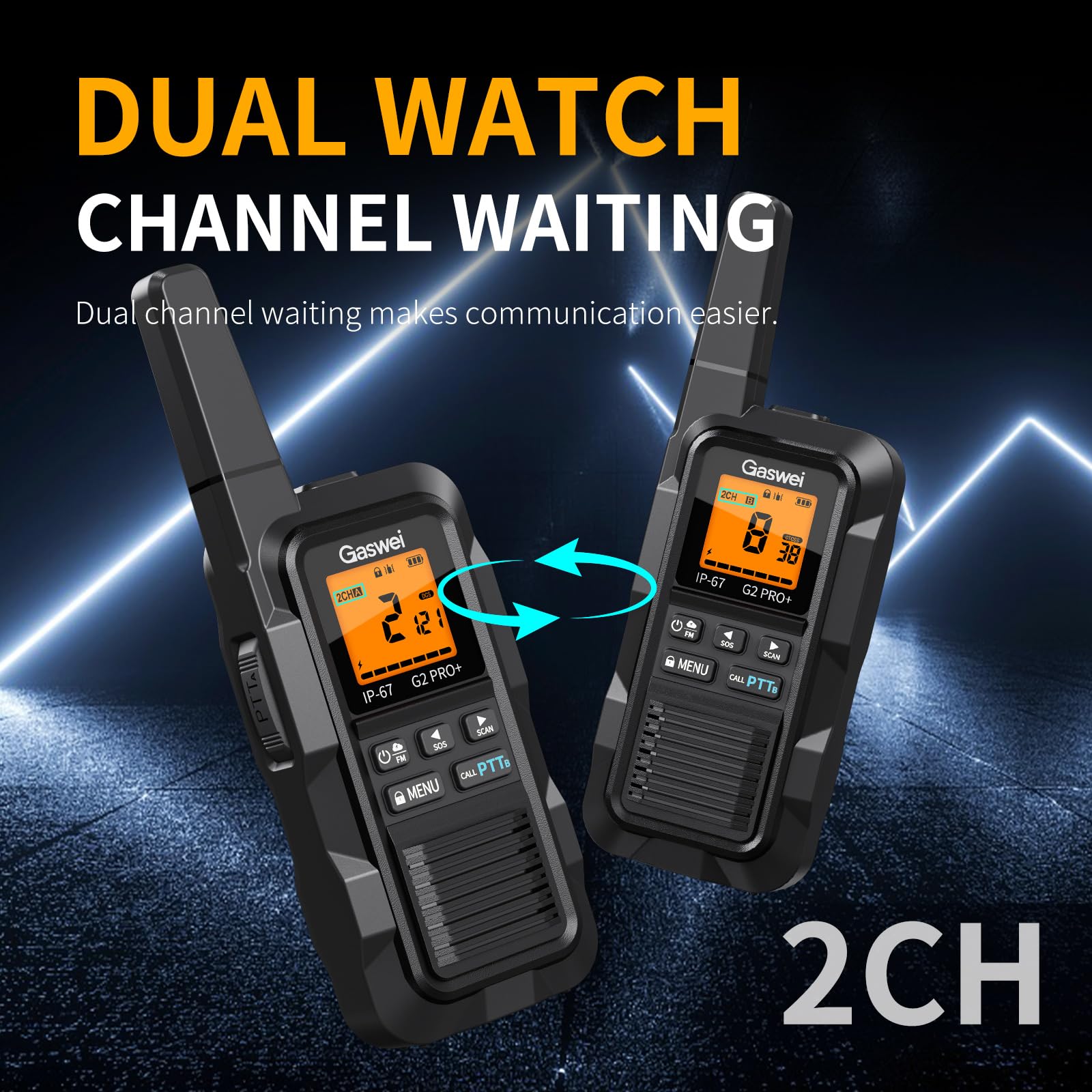 Gaswei G2Pro Professional 2-Way Radios for Adults [2 Pack] | IP67 Waterproof & Floatable Walkie Talkies with Dual PTT, SOS Alarm, FM Radio | Long Range Rechargeable — view 6