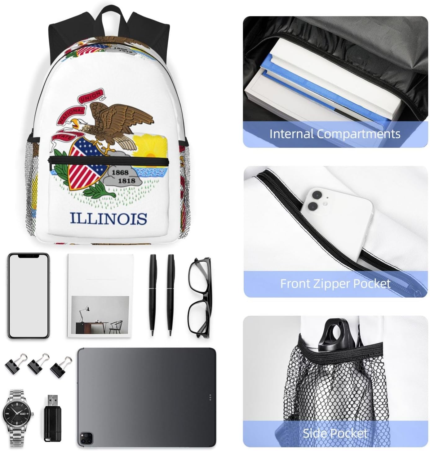 Illinois State Flag Backpack Large Sports Bag, Best for Basketball, Soccer, Volleyball, Swim, Gym, Travel