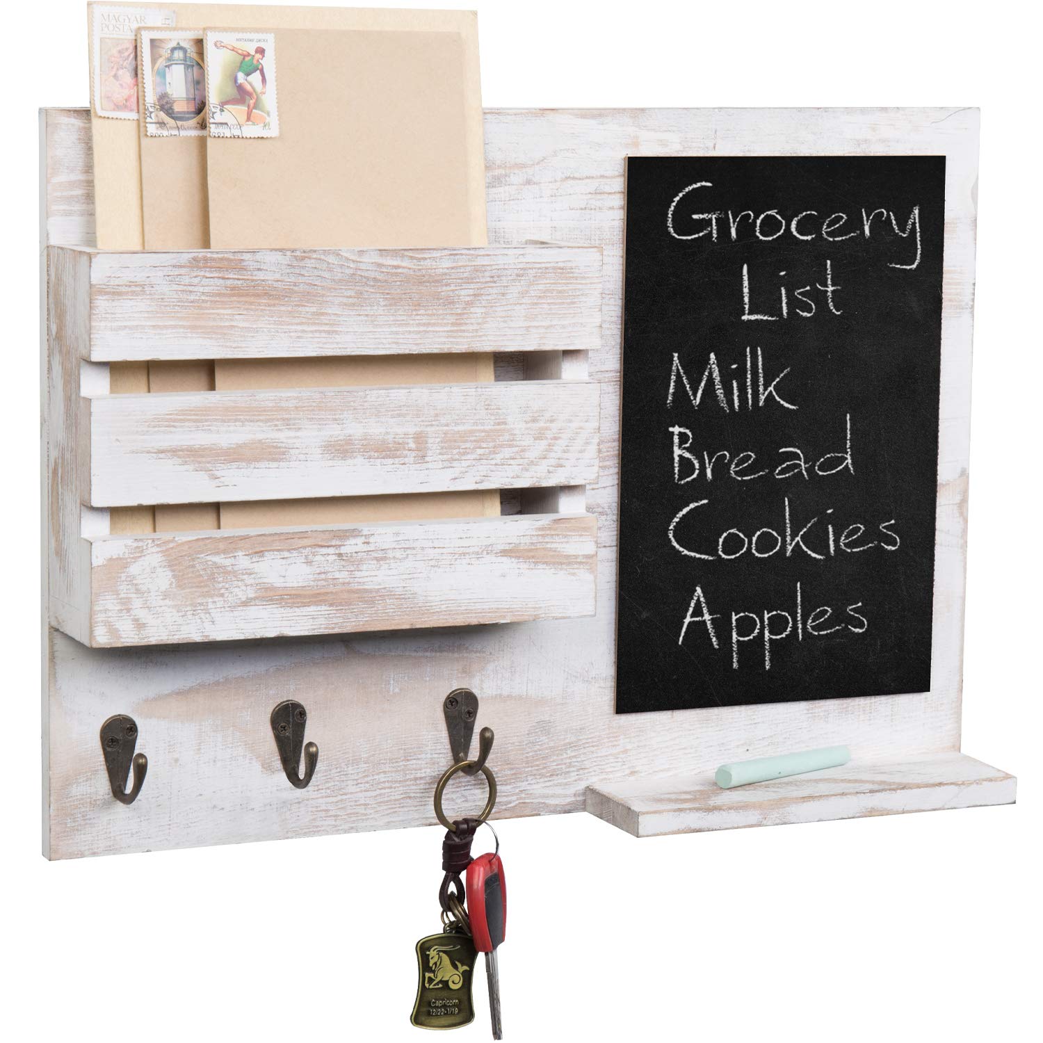 MyGift Shabby Whitewashed Postale da Parete in Legno con Lavagna, 3 Ganci per Chiavi e Ripiano