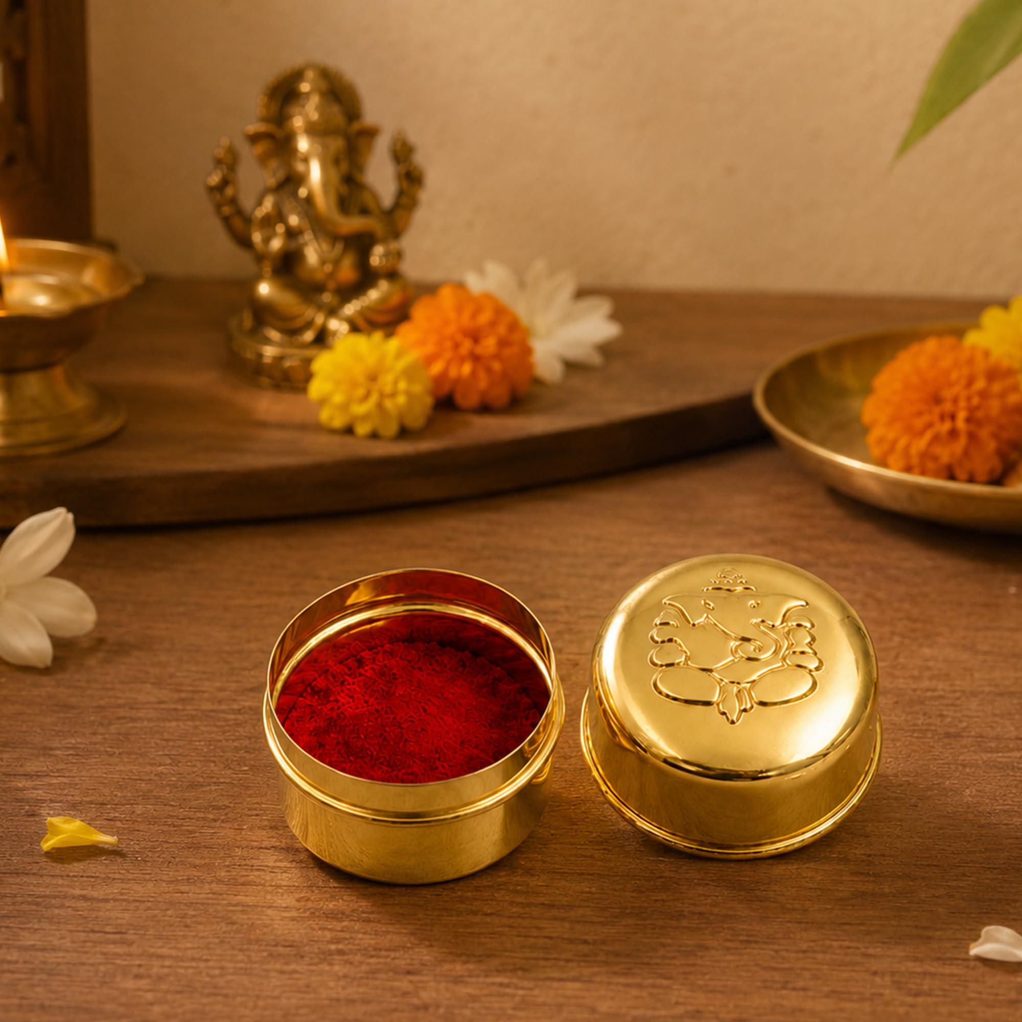 Spillbox Brass Kumkum Box for Return Gift|Haldi Kumkum Holder|Sindoor Box with Lid | Traditional Sindur Dani Box for Pooja, Wedding Return Gifts & Festive Gifting-OVAL -Oval Dabbi brass box 3