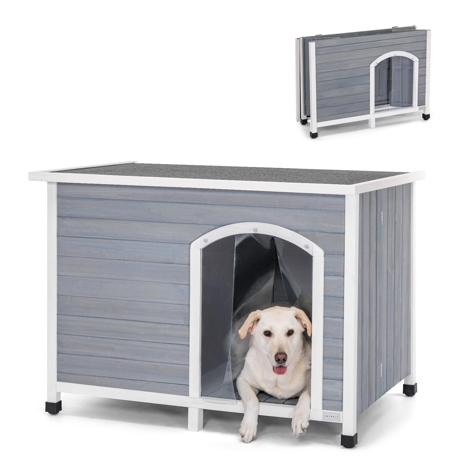 Petsfit Casetas para Perros Grandes Ventilado, Madera Caseta Perros Exterior con Base Elevada Plegable Gris (L)