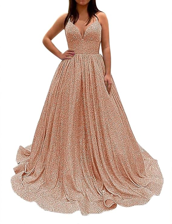 Women's Glitter Prom Dresses Long Deep V Neck Ball Gown Sparkly Evening Dresses with Pockets