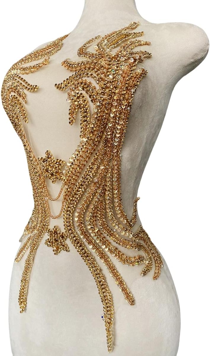 Pure Handmade Rhinestones Beads Applique sew on Crystal Sequins lace Trim Patches Accessories for Dress Clothing Shiny Bead Decorative Material 12.5X25.5inches (Champagne)