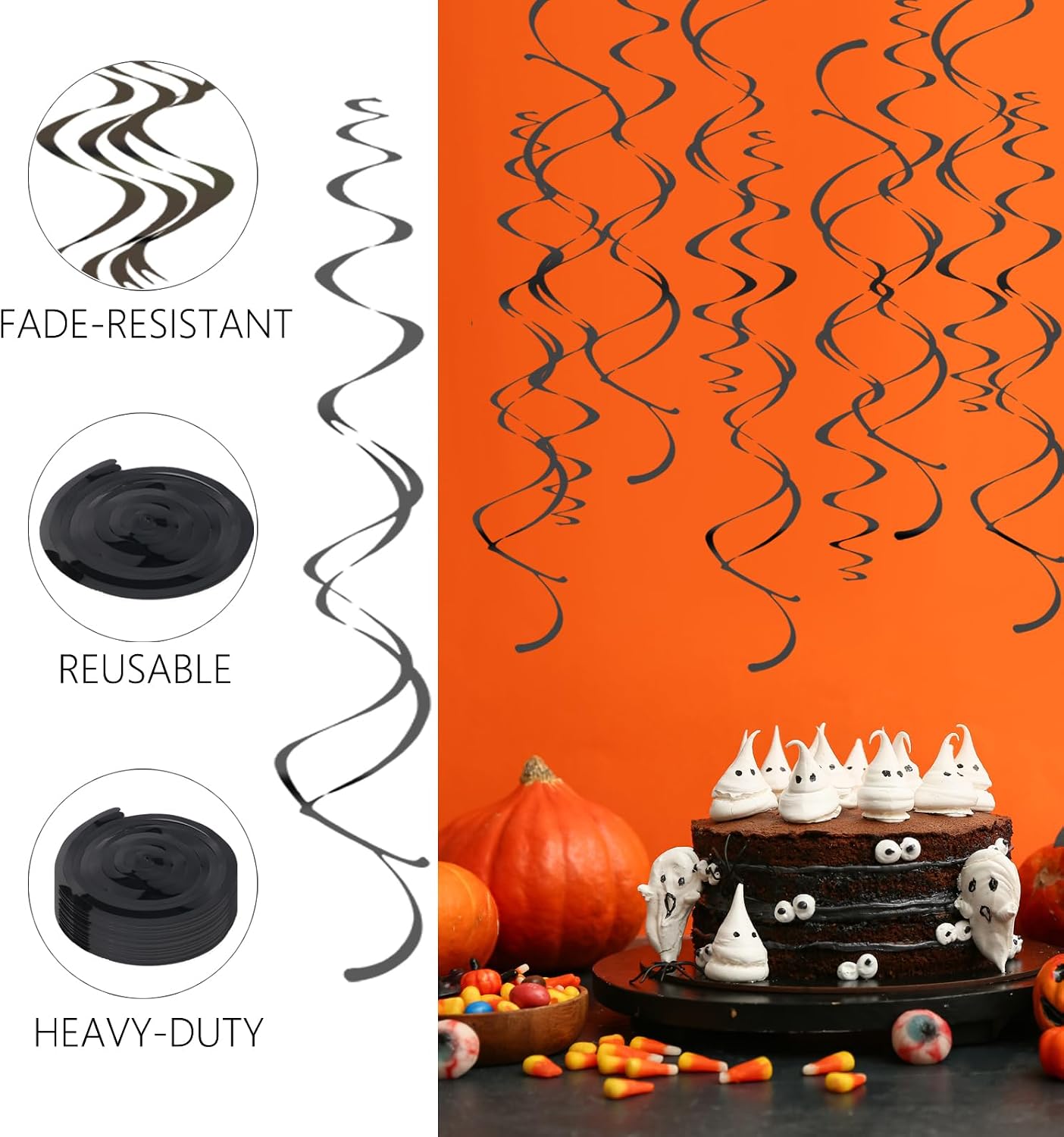 Black Hanging Swirls Party Decorations 30 Pack- Extra Long Double Swirl Ceiling Decorations for Halloween, Baby Shower, Christmas, Wedding, Birthday Decorations| Reusable Black Streamers with Hooks image 4