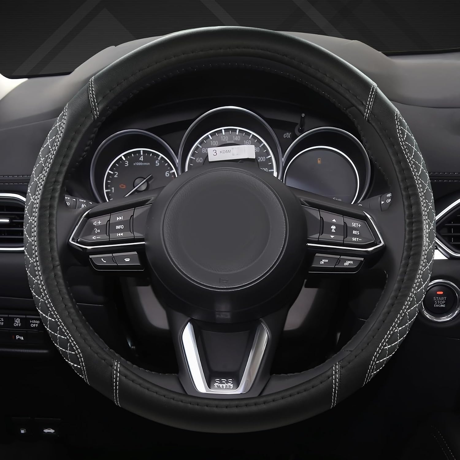 West Llama Car Steering Wheel Cover for Mazda 3,5,6,CX-3,CX-5,CX-30,CX-50,CX9,CX-9,MX-5 Miata,CX-7,RX-8,14.5-15 inches(Diamond Quilted-Black+Gray-Standard Size) image 3