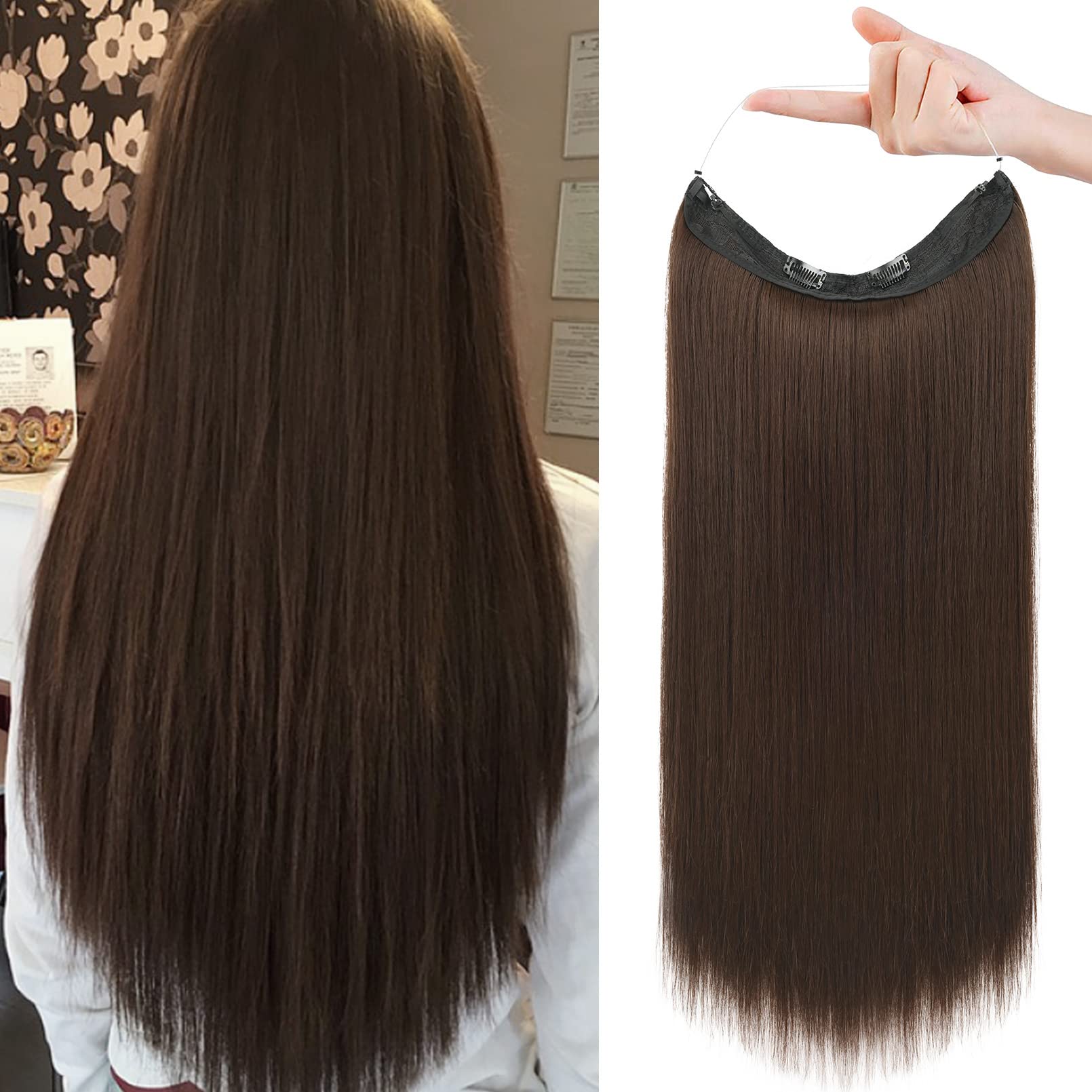 REECHO Invisible Wire Hair Extensions with Transparent Headband Adjustable Size Removable Secure Clips in Straight Secret Hairpiece for Women (24 Inch