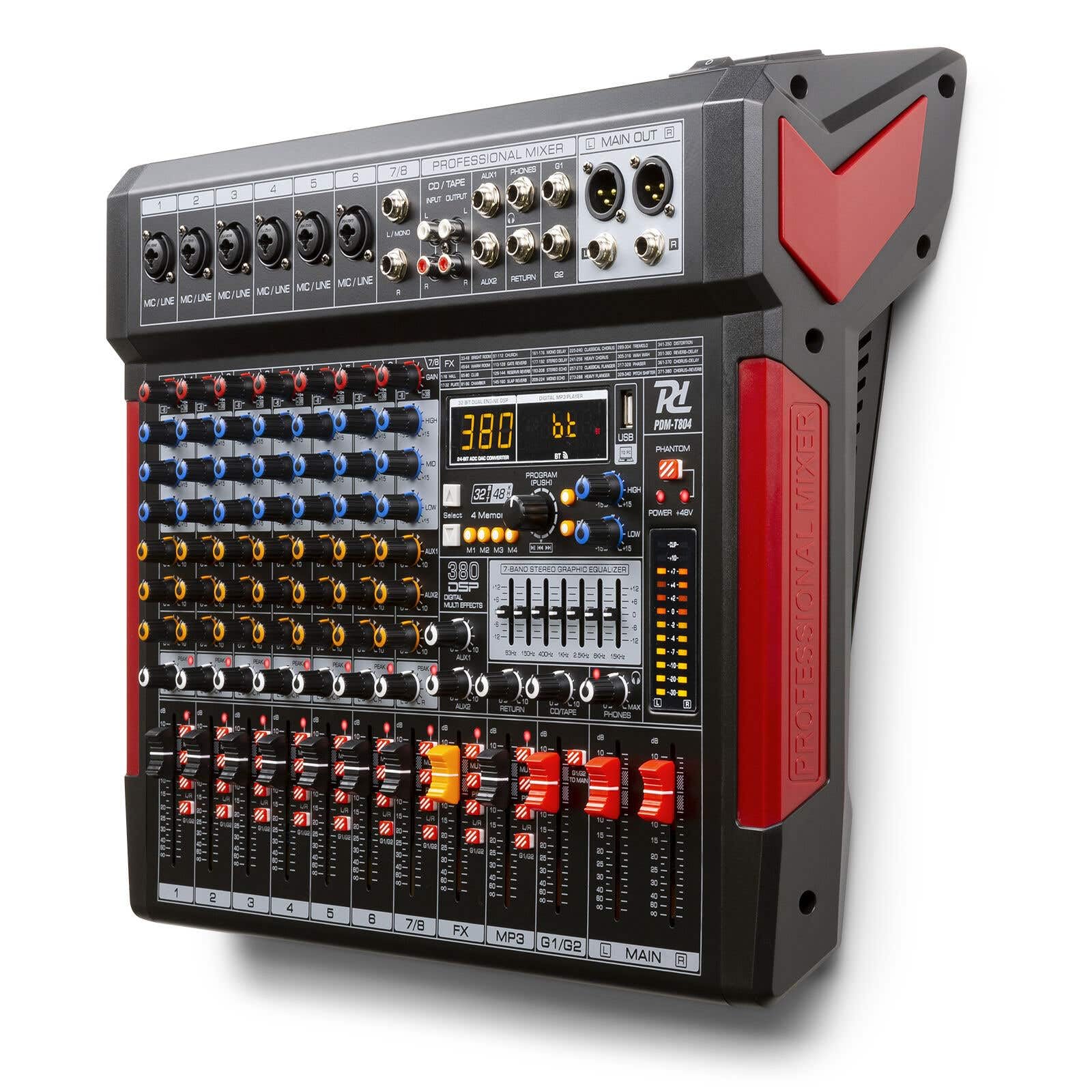 Power Dynamics PDM-T804 Console de Mixage 8 Canaux - avec Streaming Bluetooth, Egaliseur Graphique 7 Bandes, MP3, Sortie USB, Sortie Casque Jack 6,35mm, Idéal pour Studio d'Enregistrement