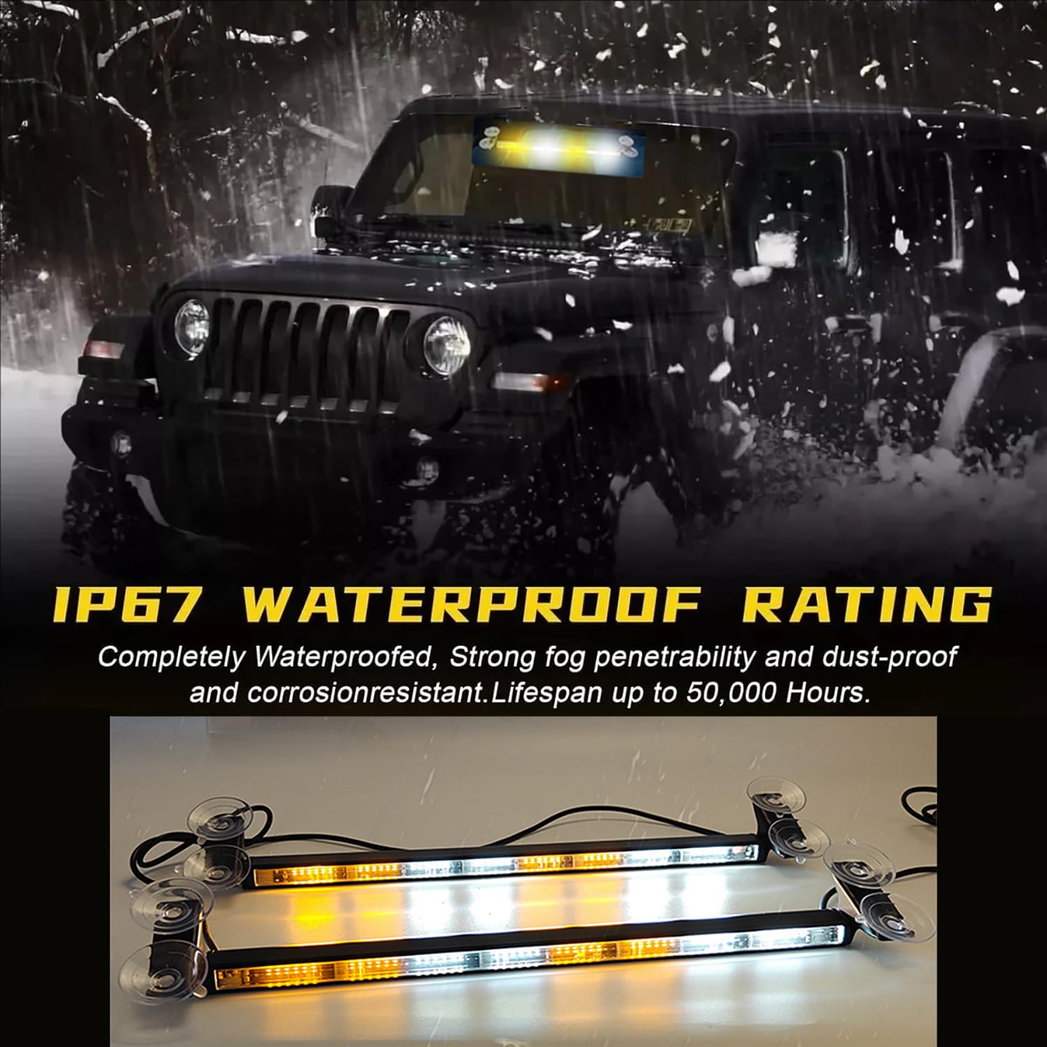 Luci a ventosa per auto,2 PCS Striscia luminosa stroboscopica,Striscia,stroboscopica IP67,23 modalità flash,Cavo di alimentazione da 4,5 m,Bianco e giallo,Per auto, camion, trattori, ecc.
