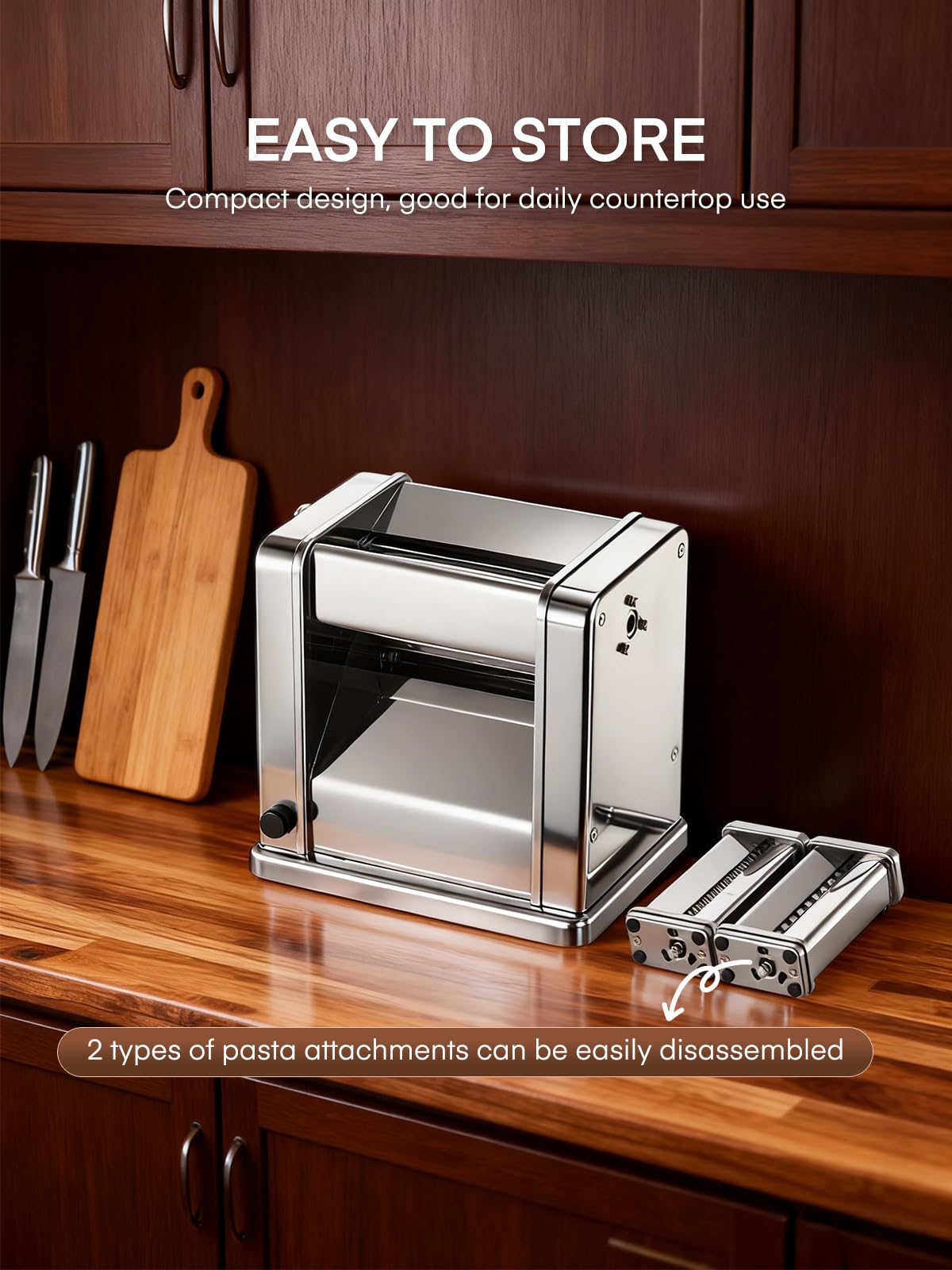 FOHERE Máquina de Pasta Fresca Eléctrica con 2 Cuchillas (1.5 mm/6.6 mm) y 7 Grosores Ajustables de 0.5-3 mm, Acero Inoxidable para Hacer Fideos Espaguetis Raviolis, Plata