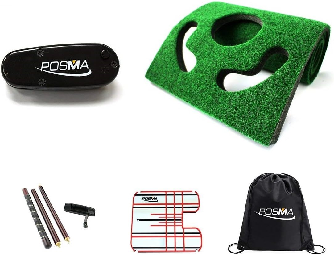 POSMA LA010N Golf Putt Training Laser Aid Set with Golf Hazard Putting Green Putting Slope Mat+Small Size Golf Putting Alignment & Plane Mirror+1 Set of Detachable Wooden Putter+Cinch Sack Carry Bag
