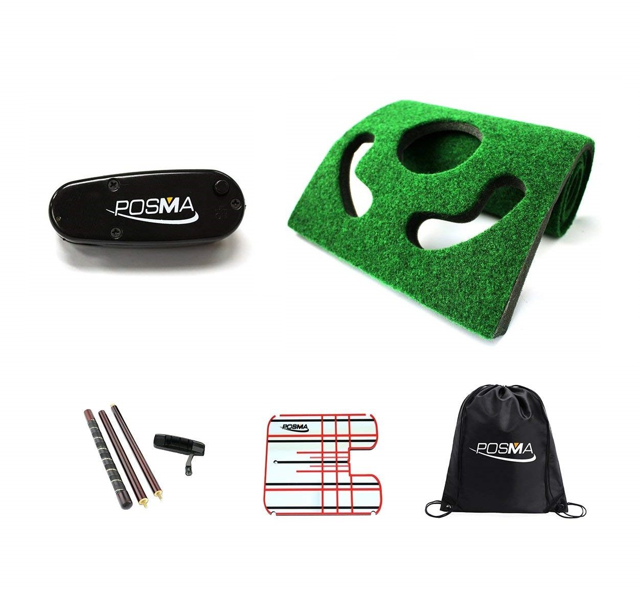 POSMA LA010N Golf Putt Training Laser Aid Set with Golf Hazard Putting Green Putting Slope Mat+Small Size Golf Putting Alignment & Plane Mirror+1 Set of Detachable Wooden Putter+Cinch Sack Carry Bag