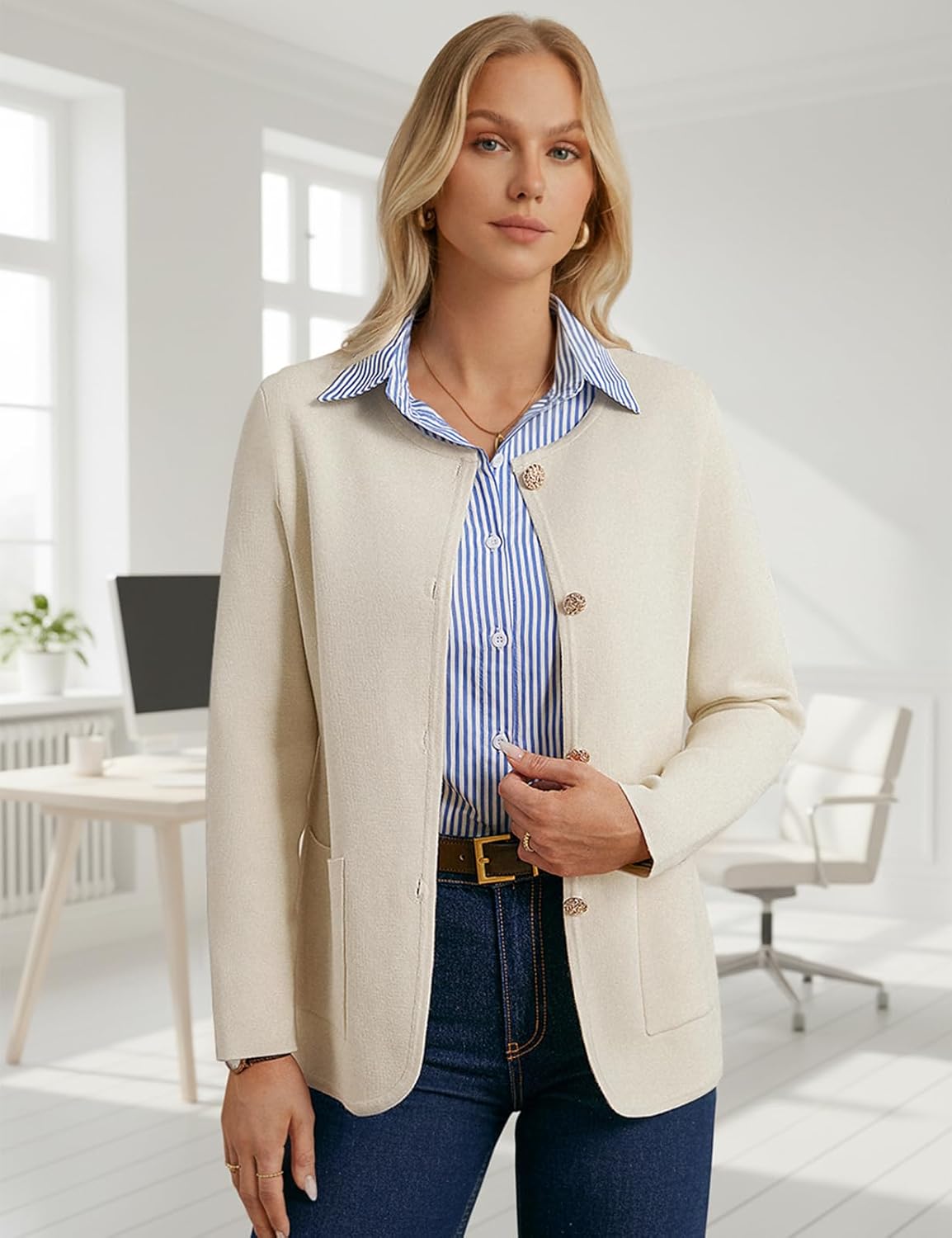 GRACE KARIN Sweater Blazers for Women 2025 Casual Button up Cardigan Sweater Open Front Knit Blazer Jacket with Pockets - Image 2
