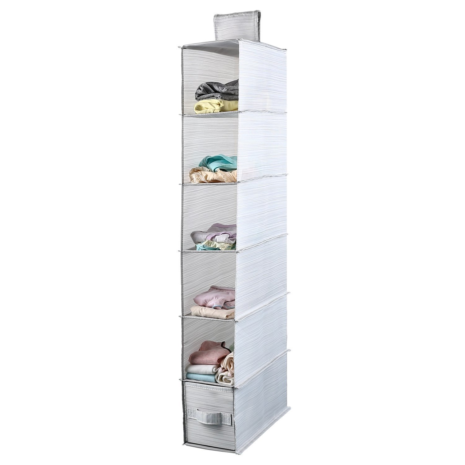 Mee'life Collapsible 6-shelf Hanging Closet Organizer with 1Drawer Thick Cardboard Boards Inside Suit for Clothes Sweaters Shoes Storage Hanging Wardrobe Storage Shelves Shoe Rack (Light Gray)