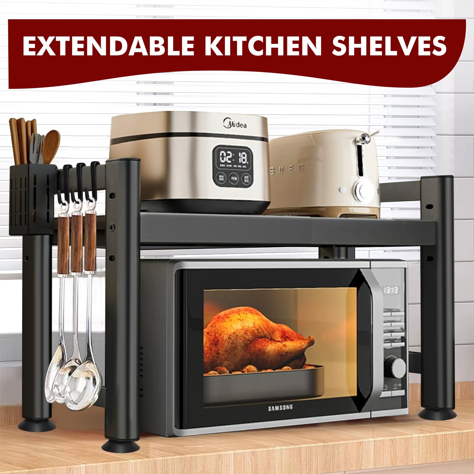 Mensola Microonde, Scaffale da Cucina Estensibile, Supporto Microonde Salvaspazio, Ripiano per Microonde con 6 Ganci 1 Porta Utensili da Cucina, Mobiletto Cucina Microonde Nero