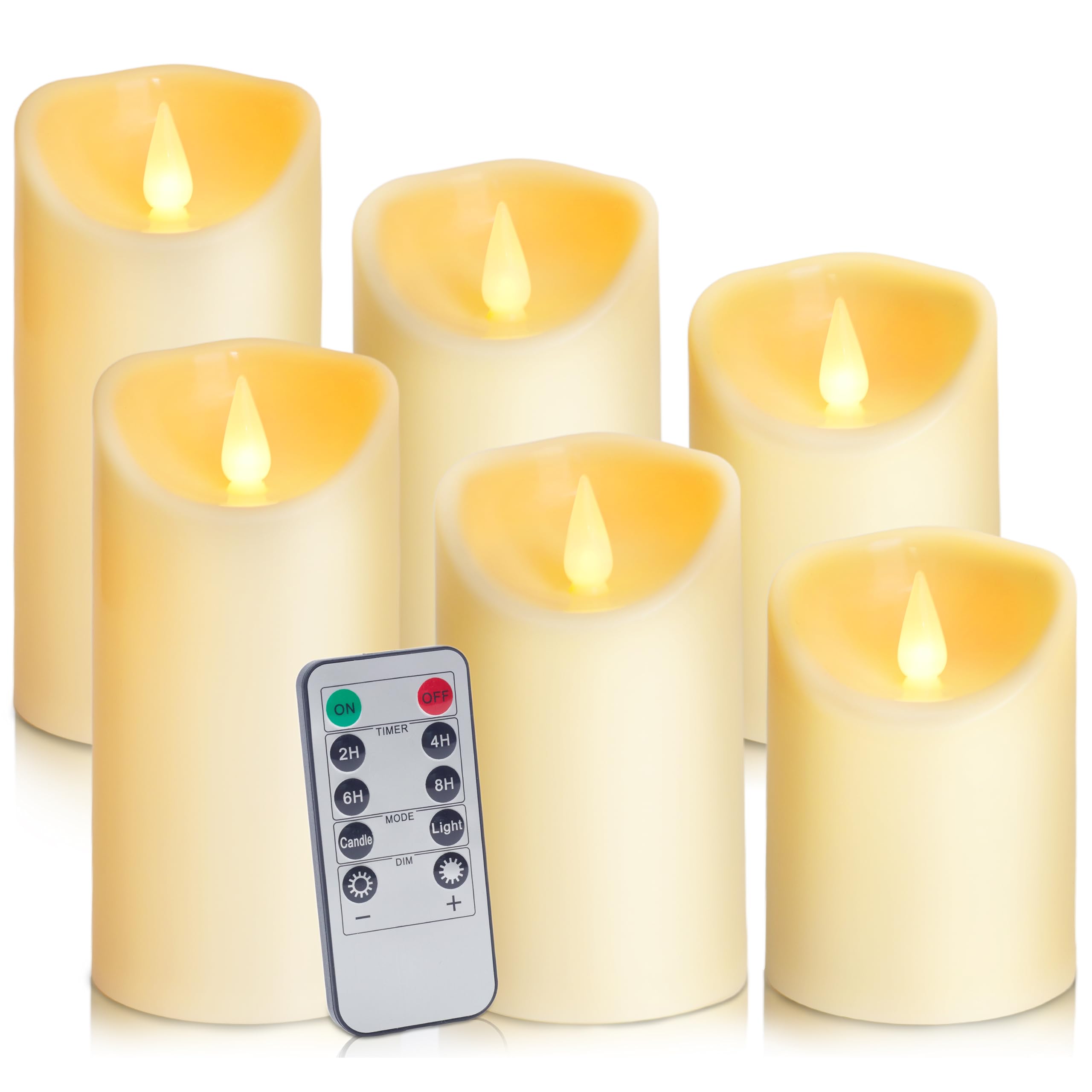 Auralome Flameless Candles Battery Operated - LED Plastic Pillar Candle with Remote Control and Timer Realistic Flickering Electric Powered Lights Artificial Fake Candle Large Outdoor Ivory Set of 6