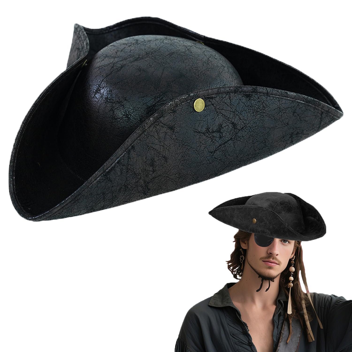 ITODA Leather Pirate Hat for Women Men Distressed Tricorn Hat Colonial Retro Brown Medieval Pirate Cap Captain Role Play Fancy Dress Headwear for Pirate Theme Party Cosplay