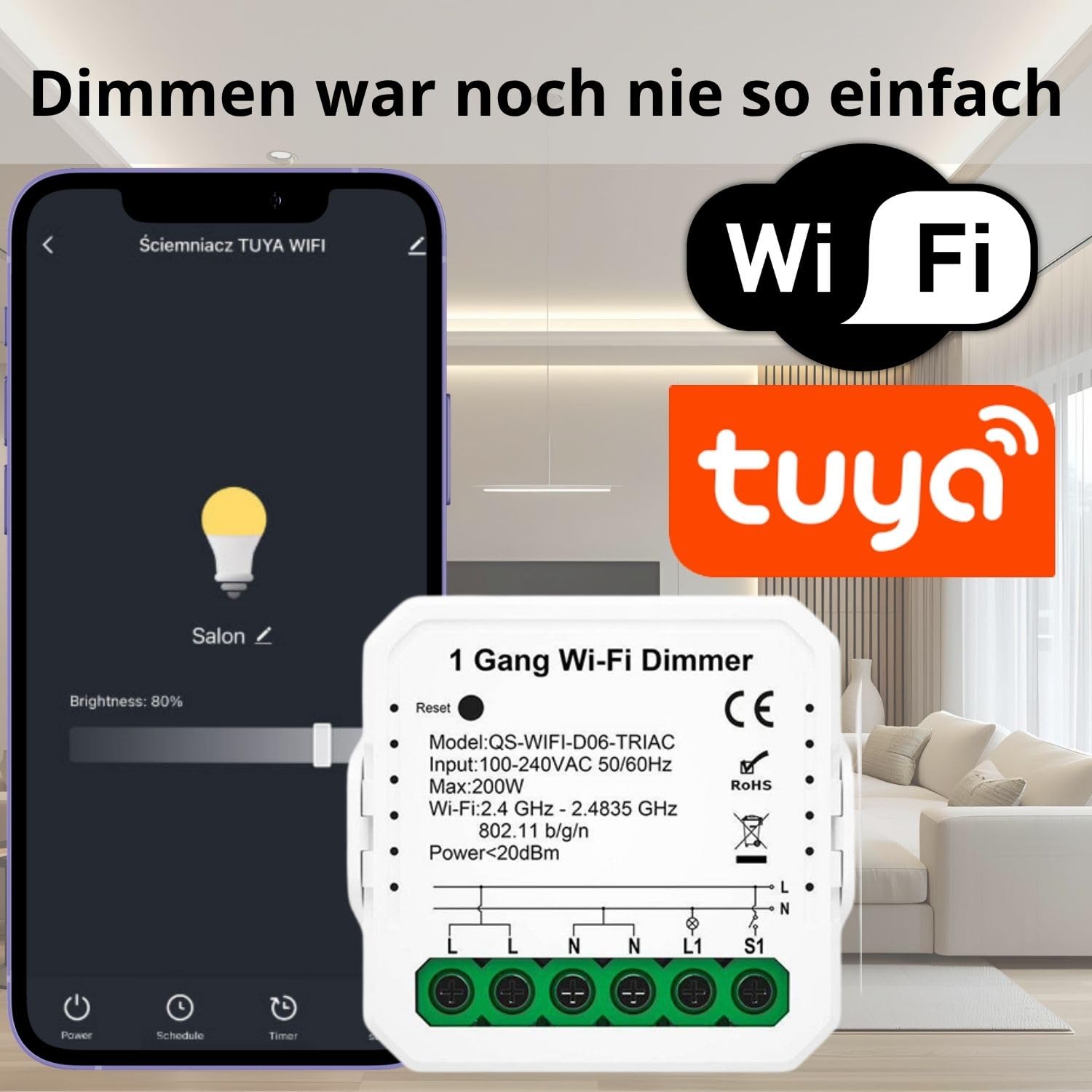 Sone Smart One Tuya Smart Life - Dimmer Wi-Fi da incasso, 150 W | Dimmer WiFi, interruttore dimmer, LED 150 W, Alexa, Tuya Smart Life, Triac, da incasso, interruttore della luce, alogeno