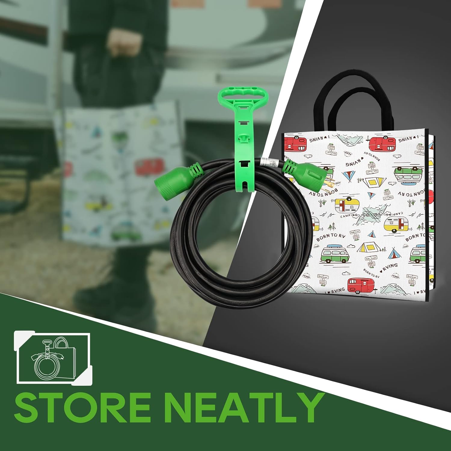 RVGUARD 3 Prong 30 Amp 100 Foot Generator Extension Cord, NEMA L5-30P/L5-30R 125V 10 Gauge SJTW Generator Power Cord with Cord Organizer, ETL Listed