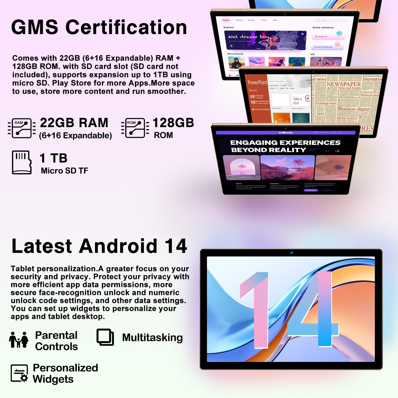 DEERTiME 2025 Newest Tablet Android 14 10.1 Pollici 22GB RAM+128GB ROM(TF 1TB), 8-Core 2.0 GHz/5G WiFi/8000mAh/Corpo Metallico/BT5.0/5+8MP/Face ID/FHD/GPS Tablet con Tastiera e Mouse - Oro