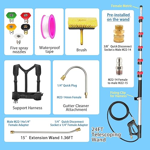 Miniatura 2 de Varita de extensión para lavadora a presión de 24 pies de 24 pies con cepillo, extensión telescópica para lavadora eléctrica, lanza de