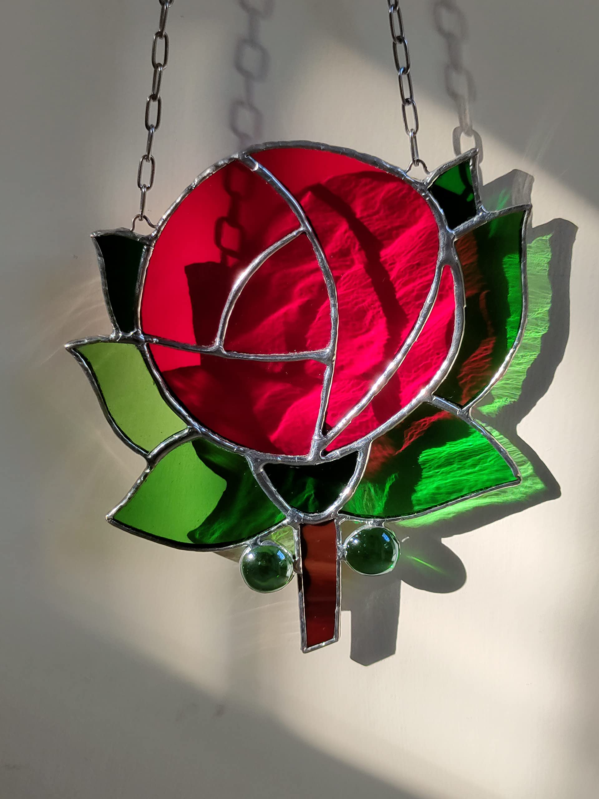 NICHE KRAFTS Stained Glass ‘Red Rose’ Hanging, Decoration, Home Décor, Handmade, Tiffany Style, Flower & Leaves, Unique, Size 7.5”x 6.3” 2