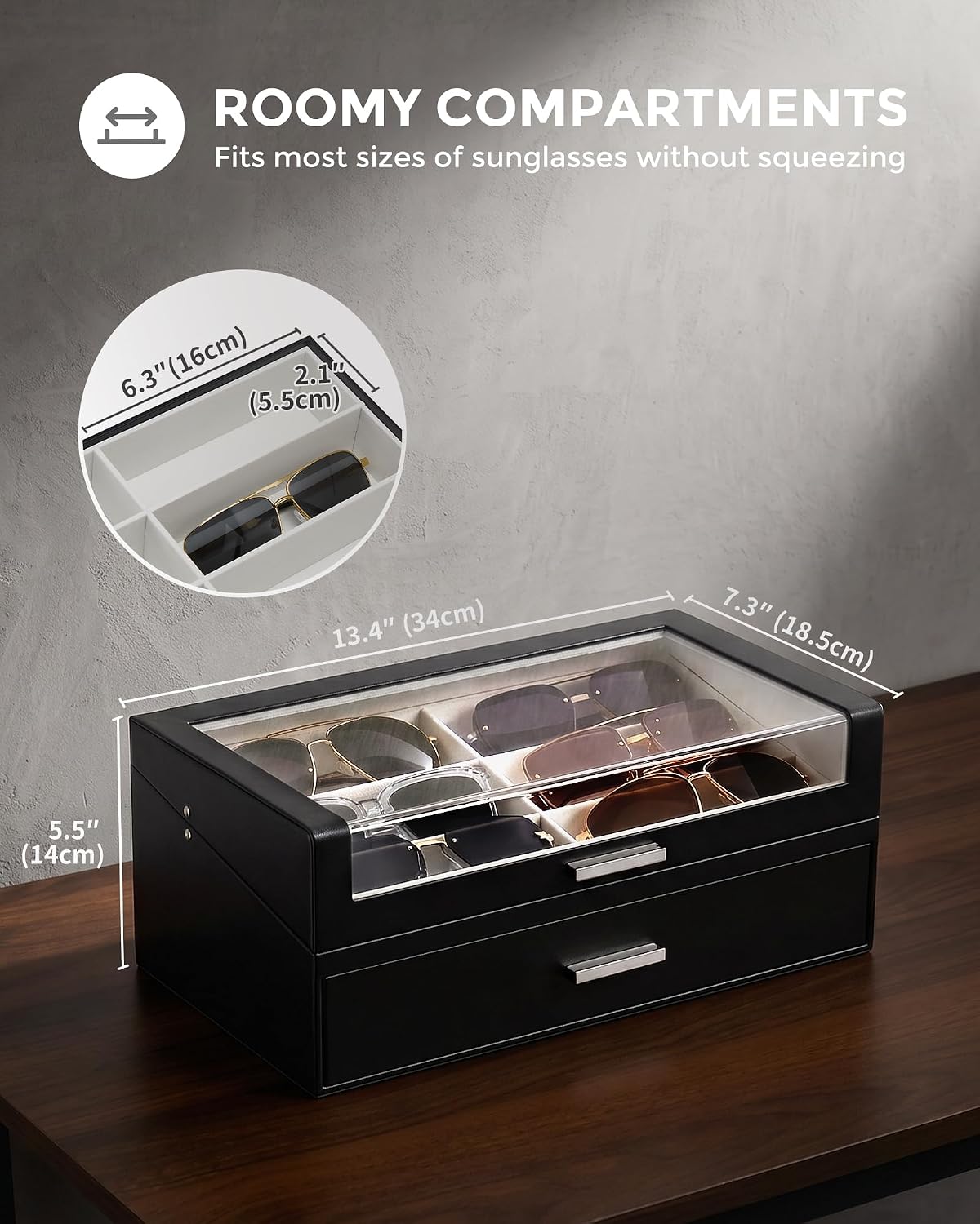 ProCase 12 Slots Sunglasses Box Organizer with L-Shaped Clear Lid, Multiple Pairs Glasses Display Holder Eyewear Eyeglass Eye Glass Storage with Drawer for Men -Black