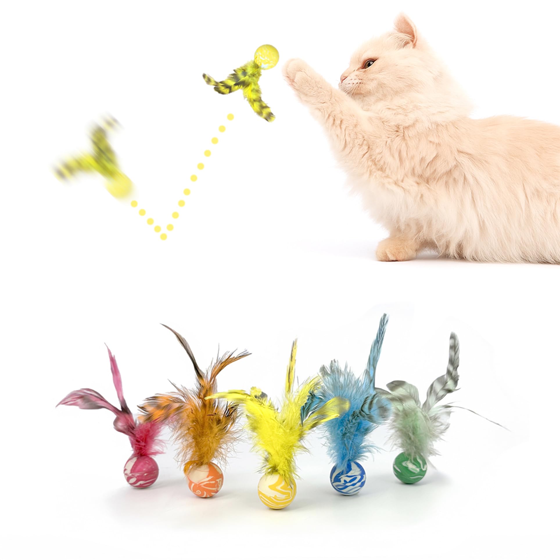 ZAYLUMO Feather Chase & Fetch Balls for Indoor Cats – 5 Pack Durable Rubber Cat Toys with Natural Feathers for Active Play and Exercise, Bouncy Balls for Kittens and Adult Cats