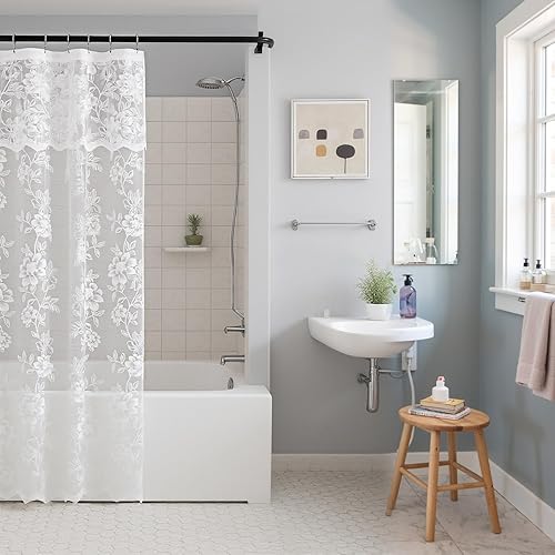 FINECITY Cortina de ducha de encaje pequeño blanco, 1 panel, 36 pulgadas de ancho x 72 pulgadas de largo, cortina de encaje transparente con patrón