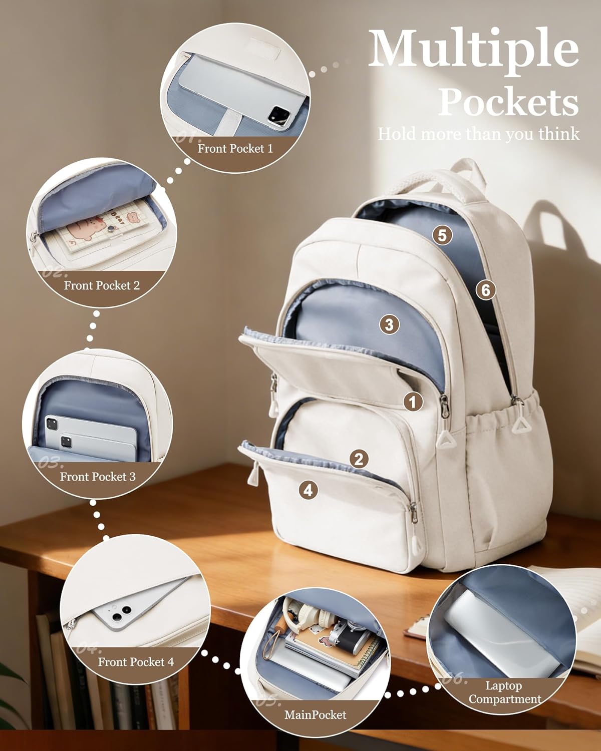 weradar School Backpack for Women Men Cute Backpack for College Students Lightweight High School bag for Teens Girls Boys Waterproof Casual Daypacks Bookbag(Beige) - Image 3