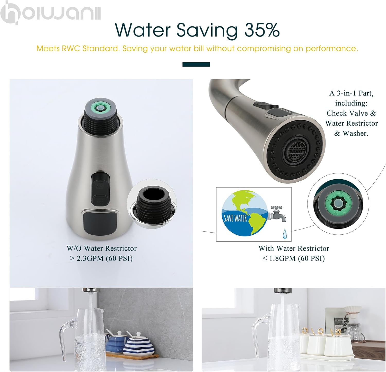 Kitchen Faucet Head Replacement, LED Temperature Display Kitchen Spray Head, Pull Down Pull Out Faucet Sprayer Nozzle,Brushed Nickel