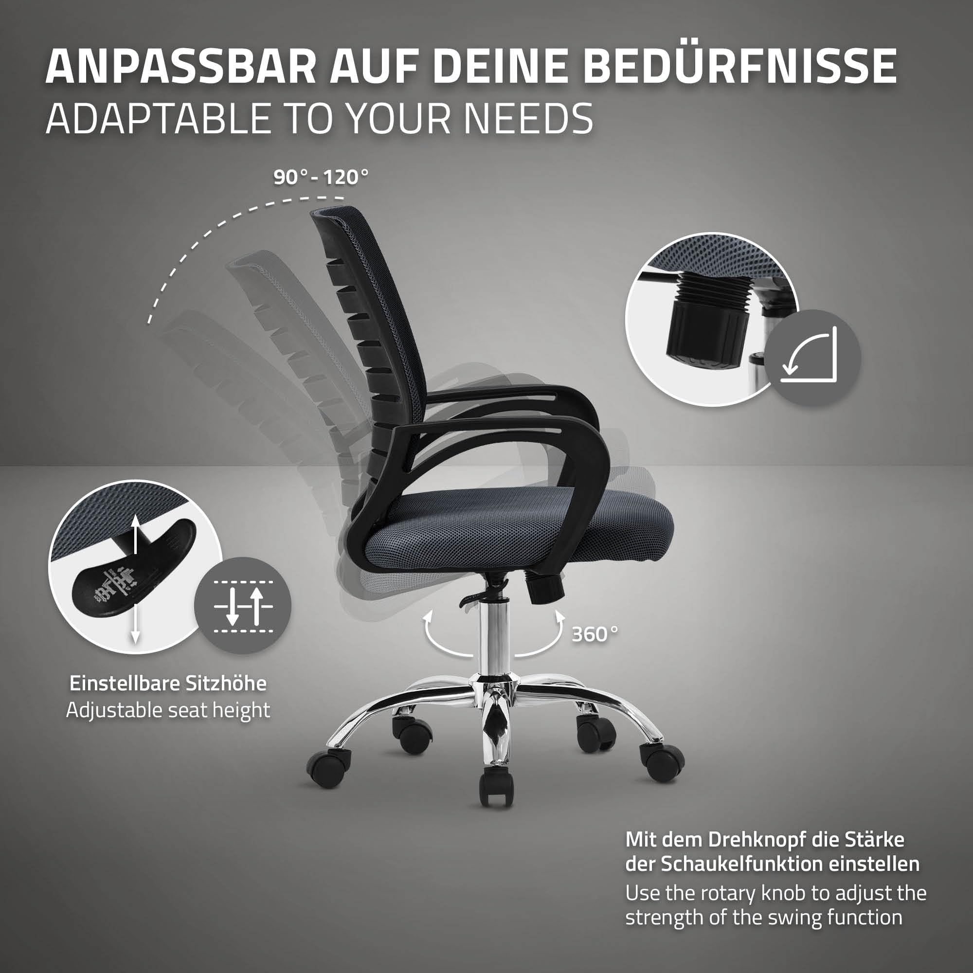 ML-Design Sedia da Ufficio Ergonomica Grigio con Schienale in Rete Reclinabile Regolabile in Altezza con Braccioli Seduta Imbottita a Schiuma Telaio in Acciaio Cromato Poltrona Girevole con Ruote