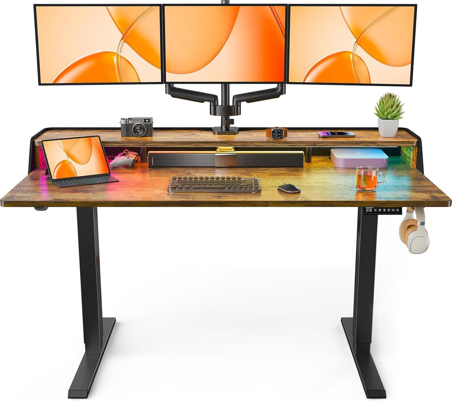 ErGear Standing Desk with LED Strip, 55″ x 28″ Electric Height Adjustable RGB Gaming Table with Shelf, Sit Stand Desk with Dual Cable Holes, C-Clamp Mount Compatible, 4 Preset Heights, Vintage Brown