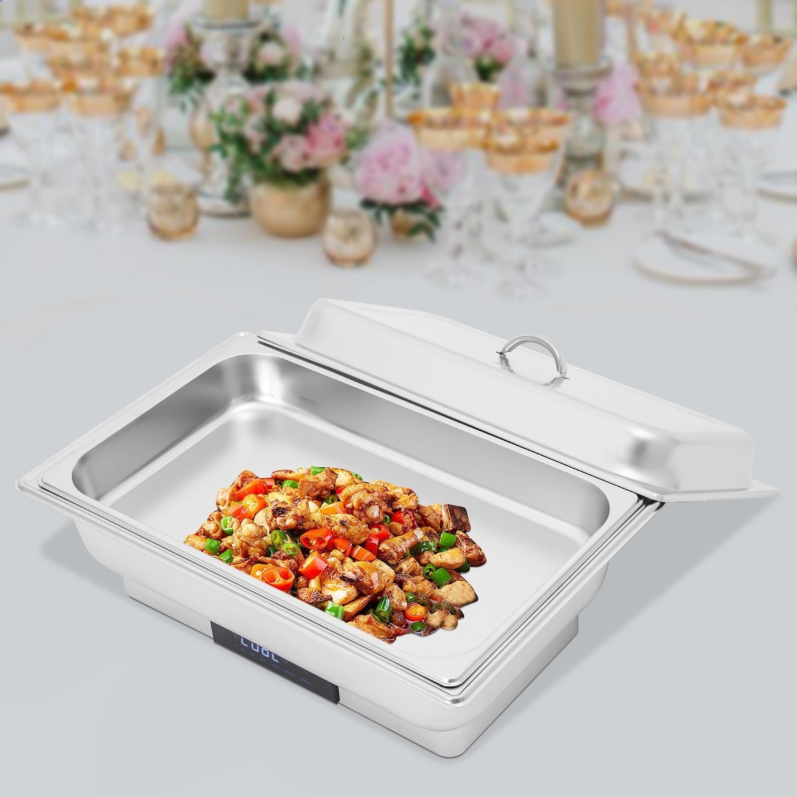Calentador de buffet eléctrico, calentador de alimentos, buffet Chafing Dish, acero inoxidable, con control de temperatura para catering y buffet, 600 W, 9 l, para platos fríos y calientes