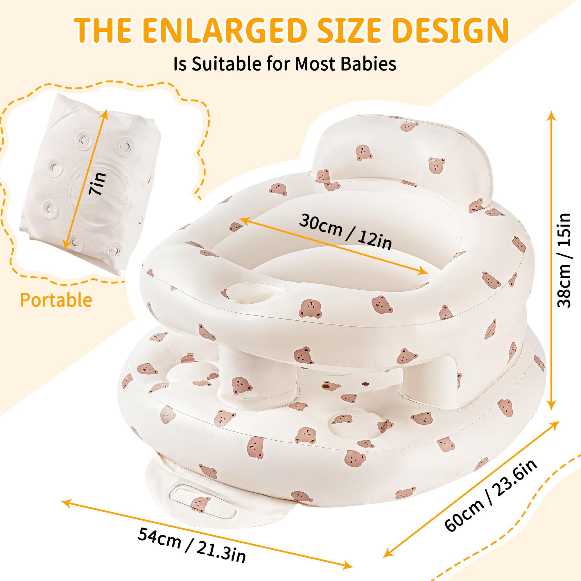 Inflatable Baby Seat for Babies 3-36 Months, Sit Up Chair Built in Air Pump Blow Up Infant Back Support Floor Seat for Bebe 3 Months & Up, Large Space Inflatable Baby Chair (Bear-Large)