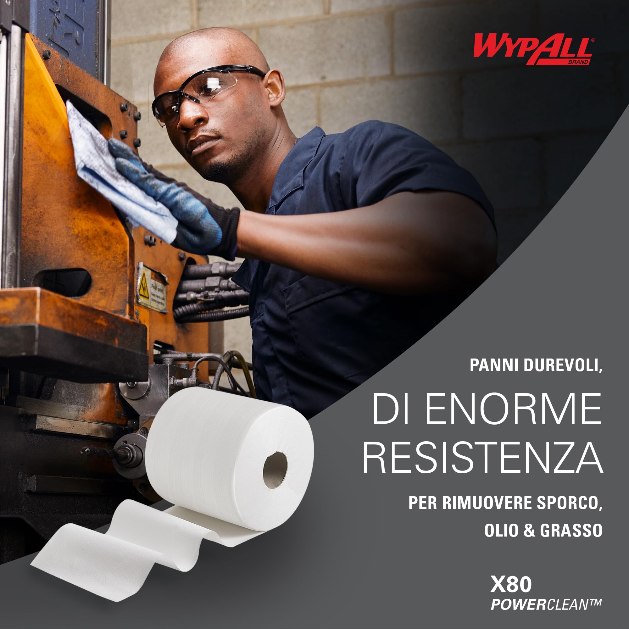WypAll Panni WypAll X80 Power Clean - Panni per la pulizia riutilizzabili - 1 rotolo grande da 455 panni assorbenti bianchi, Numero articolo 8377