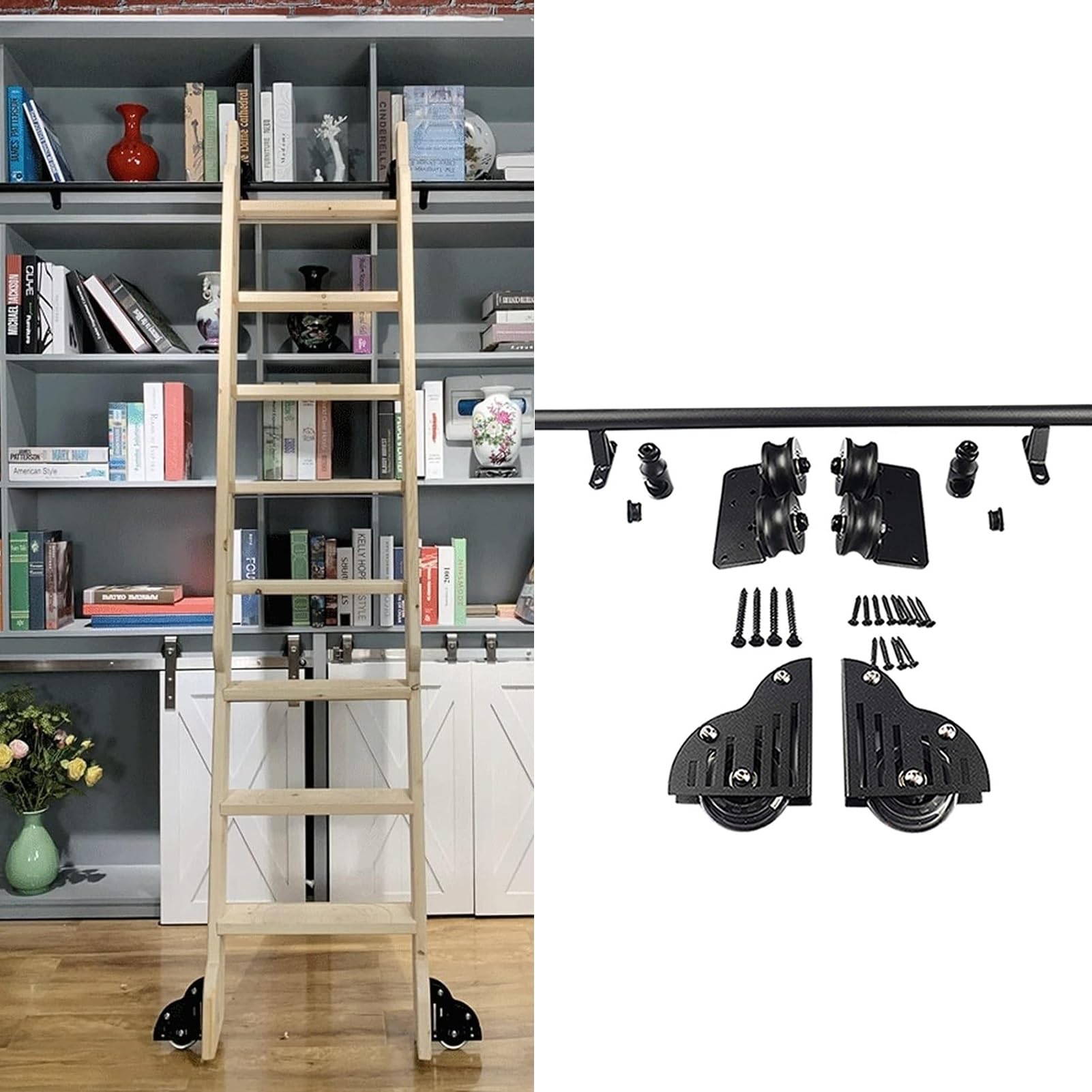 Kit de herrajes para escalera corrediza con riel redondo de acero de 200 cm