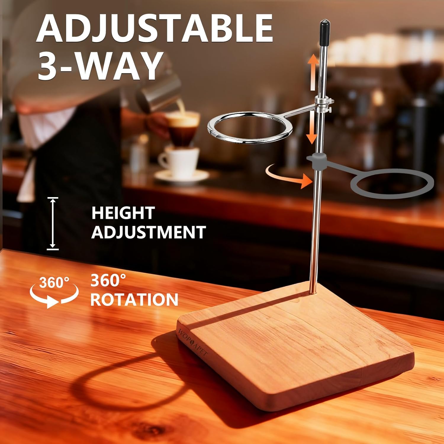 Pour Over Stand with Cherry Wood Base & Stainless Steel 360° Adjustable Coffee Filter Holder - Coffee Dripper Station for V60, Chemex & Glass Funnels - Home Barista Brew Station(Stand Only)