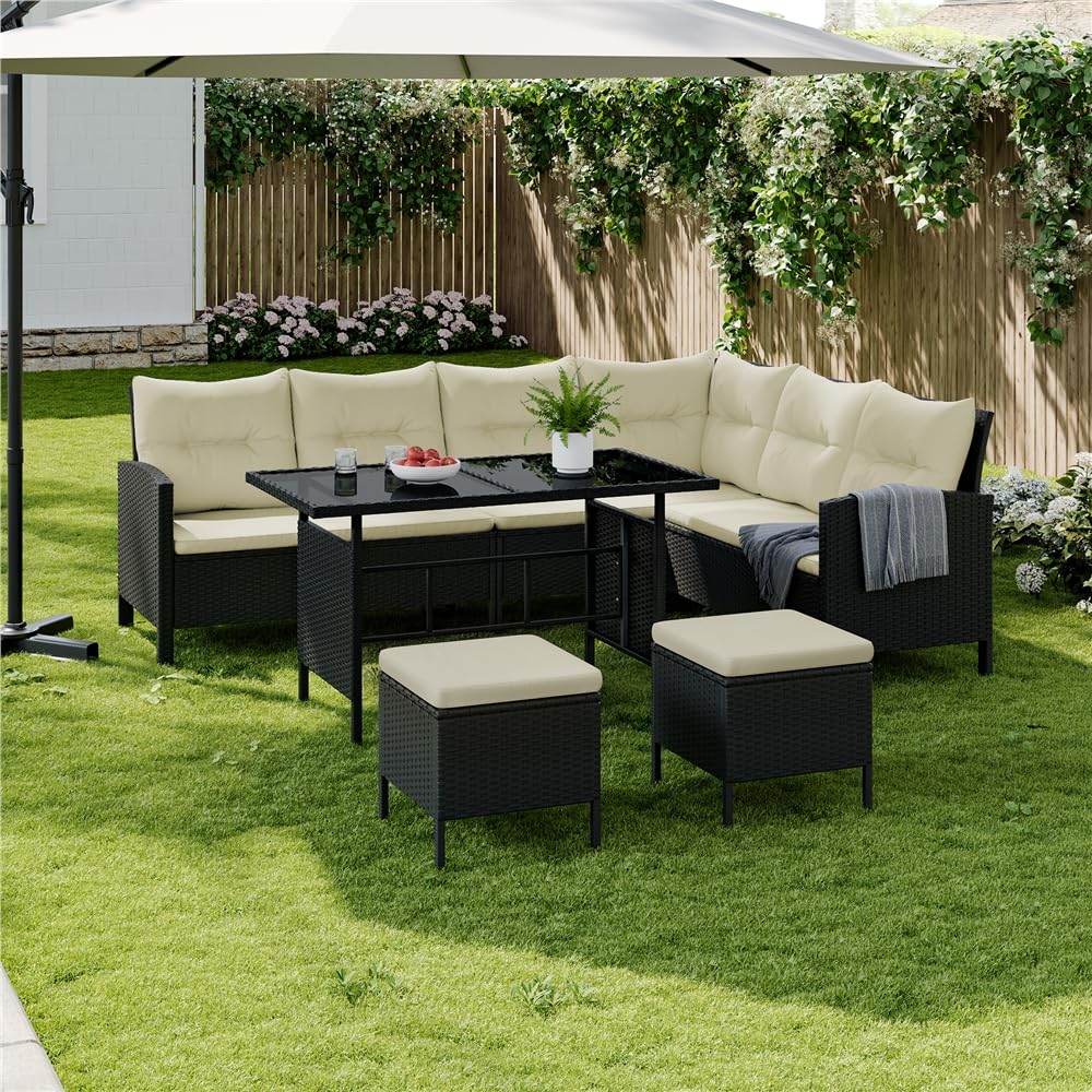 Yaheetech Conjunto de Mueble de Jardín para Patio de 4 Piezas Sofás de Ratán para Exterior con Mesa de Cristal y Otomanas para Balcón Porche Terraza Negro/Beige
