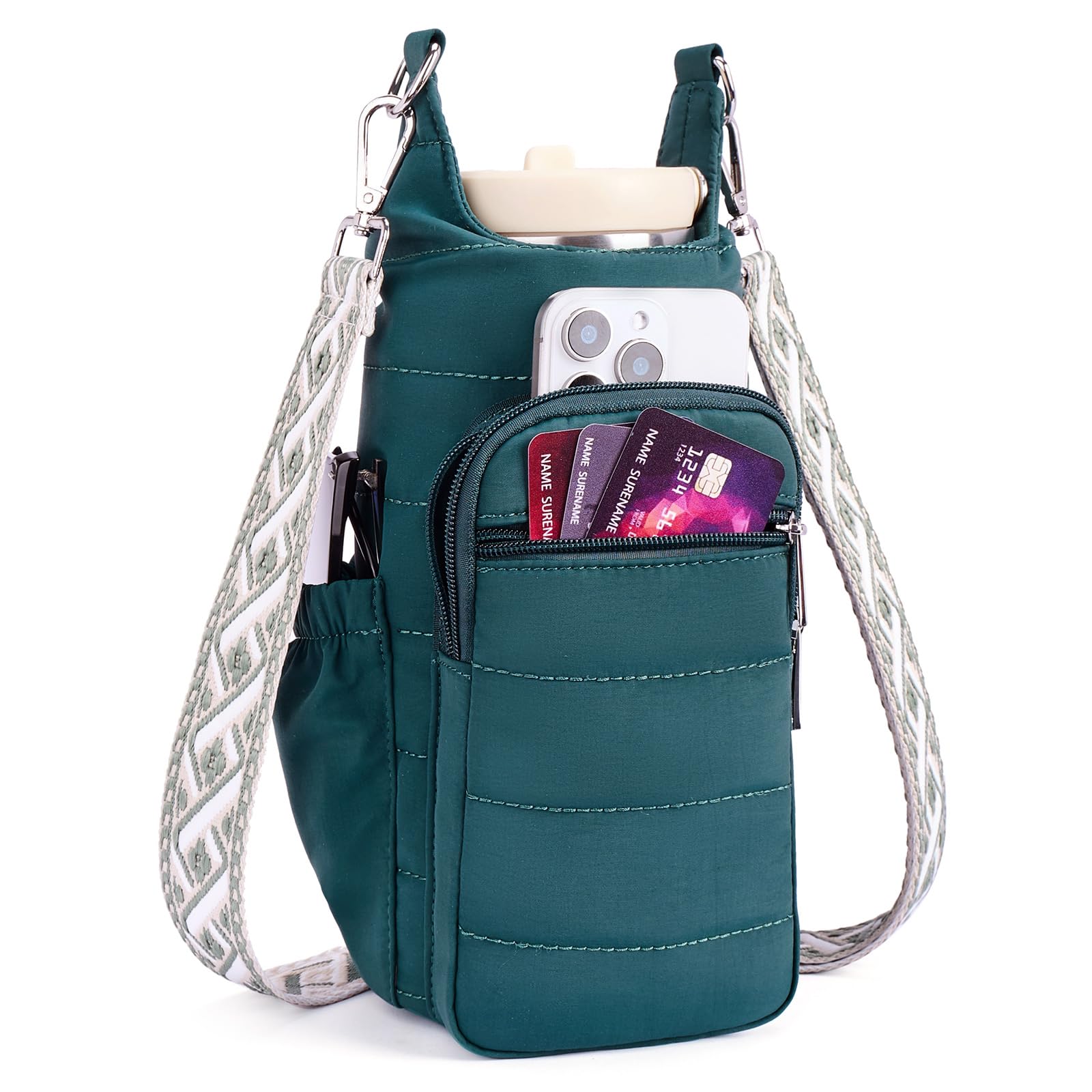 Lexiyat Water Bottle Bag 40 oz Crossbody Bag Insulated Carrier Purse Holder for Walking Hiking with Adjustable Strap Green