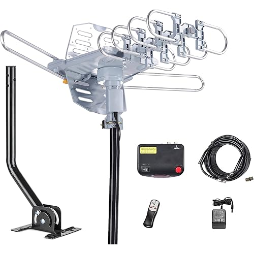 McDuory Outdoor 150 Miles Digital TV Antenna 360 Degree Rotation Amplified HDTV Antenna -Support 2 TVs-UHF/VHF/1080P/4K - Infrared Remote - 40 feet RG6 Cable and Mounting Pole Included