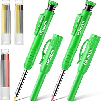 Hiboom 2 Pack Solid Carpenter Pencils with Pencil Cap and 18 Refills, Long Nose Deep Hole Mechanical Pencil Marker, Scribe Tool with Built-in Sharpener for Construction Woodworking Architect Green