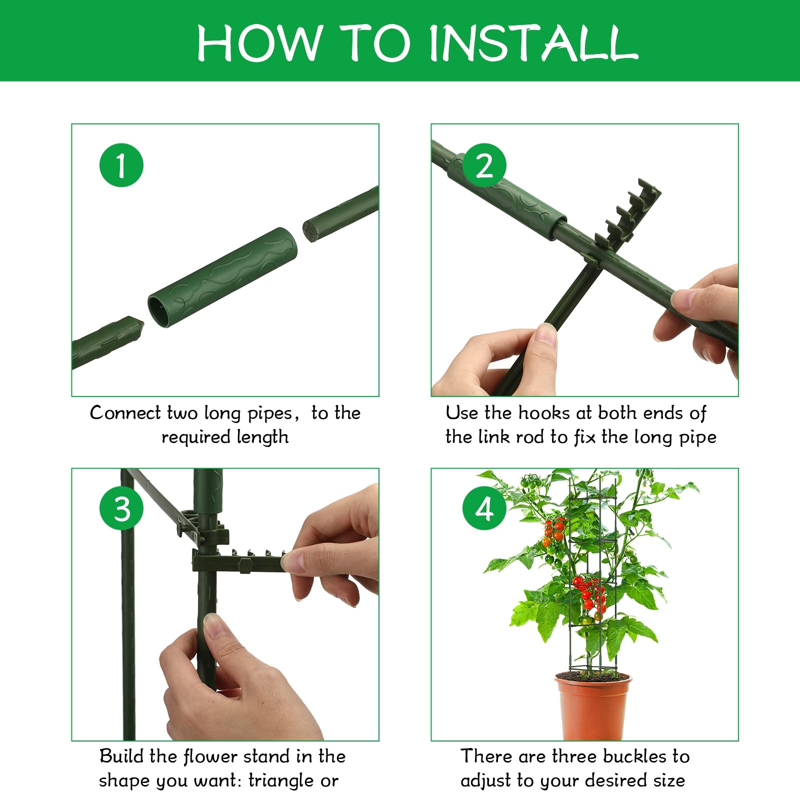 Lot de 4 cages à tomates de 2 m pour jardin - Tuteurs de plantes à tomates - Cage triangulaire robuste avec bras réglables pour légumes et fleurs (vert)